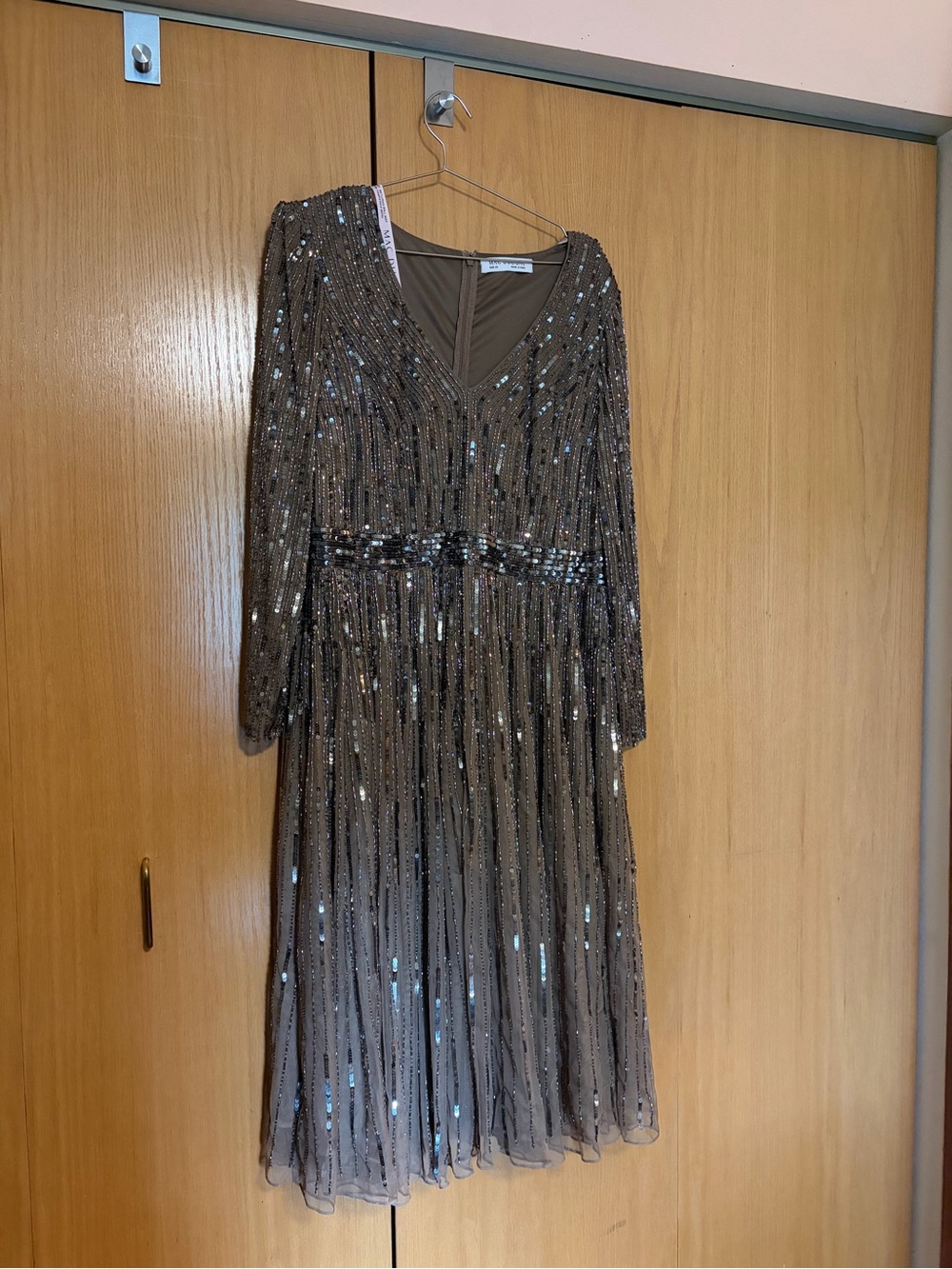 Mac Duggal Taupe Sequined Long Sleeve V-Neck Dress